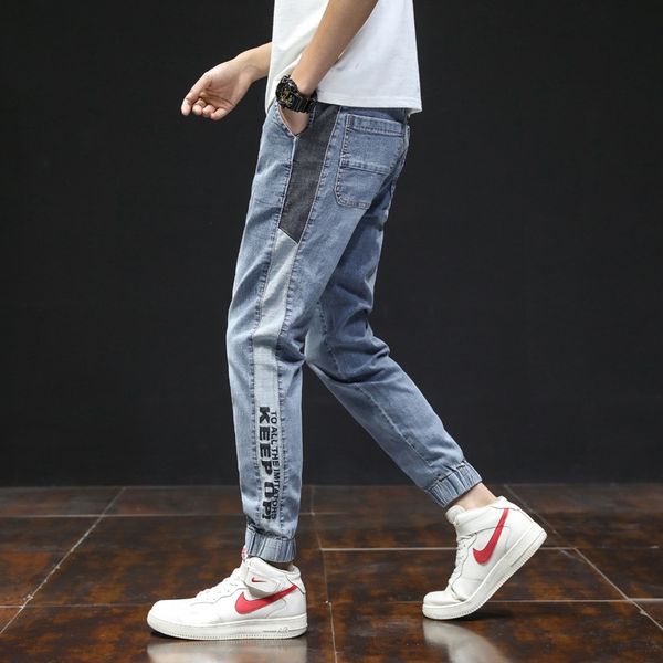 

all-match elastic tight pants trousers and waist denim leggings men's fashionable printed denim men's trousers q63ft, Blue