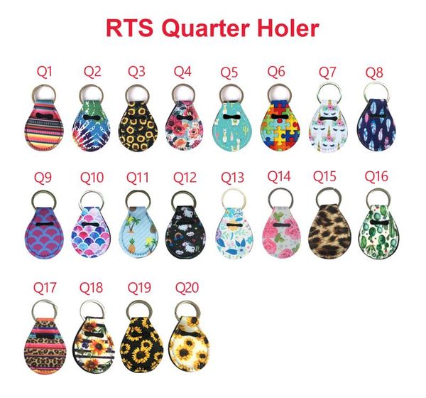 

neoprene quarter holder keychain diving material for party favor 20 designs unicorn pattern floral print with metal ring, Silver