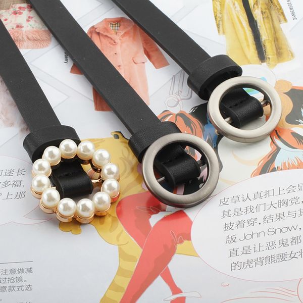 

thin pu leather belt women single buckle side gold buckle belt wild fashion simple round pin belts for women, Black;brown