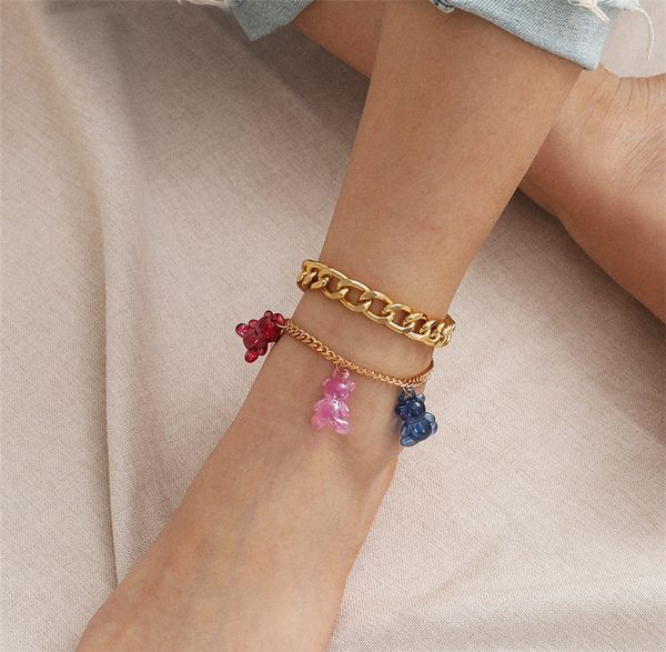 

european and american new style selling personality thick contrast color pendant chain foot decoration women's simple color acrylic bea, Red;blue