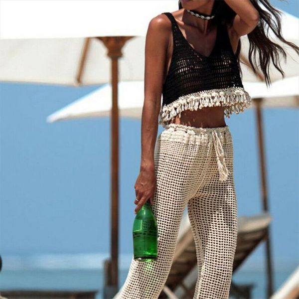 

2020 summer new hook solid stitching deep v neck camis female crochet short section tassel slim outer wear shirt trend tank, White