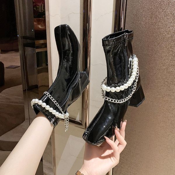 

white ankle boots women's rubber shoes rain boots-women luxury designer booties ladies zipper low 2020 fashion rock high heel, Black