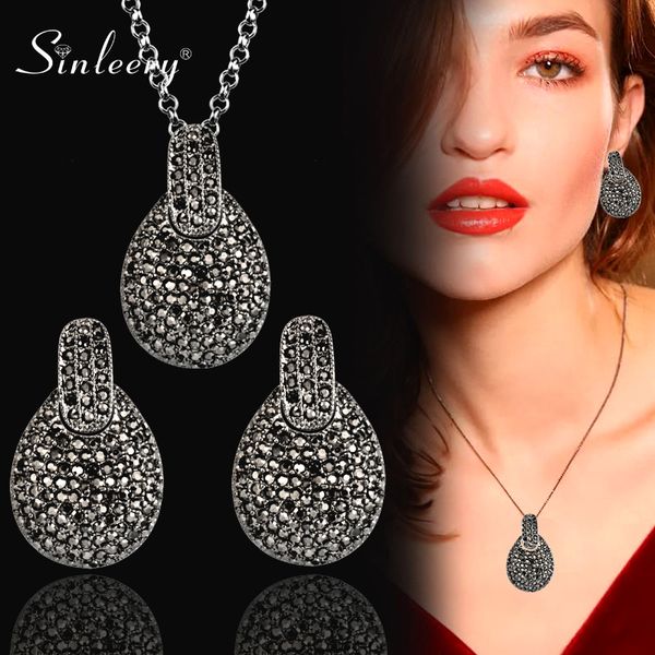 

sinleery vintage teardrop jewelry sets for women antique silver color full cubic zirconia earring necklace set tz068 ssp