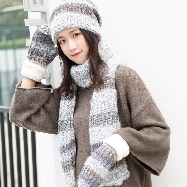 

women woolen autumn and winter fashion knitted stripe three-piece suit wild warm hood wool hat scarf glove suit girls, Blue;gray