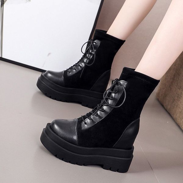 

2020 autumn women high platform chunky boots pu leather patchwork lace up ankle boots woman height increasing short botas, Black
