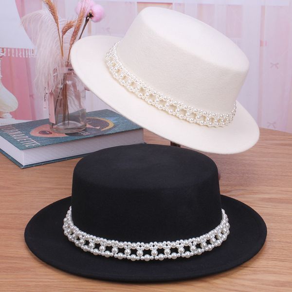 

классический жемчуг белый fedoras женщины широкий брим 100% шерсть flat top hat элегантная женская свадебное платье партии фетровых шляп, Blue;gray