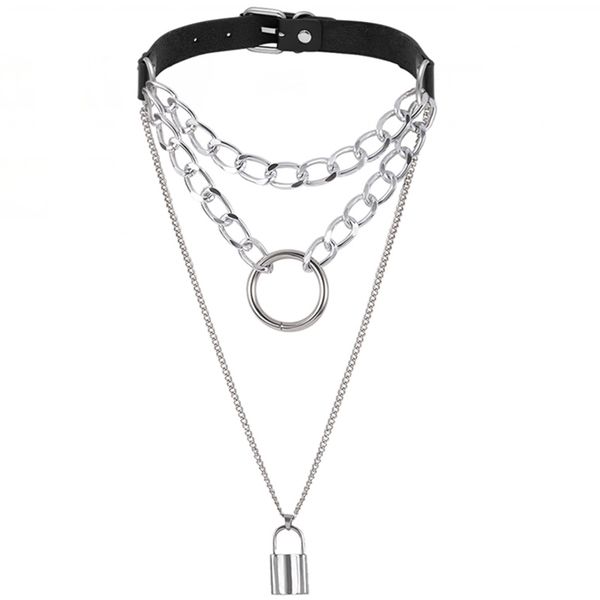 

steampunk multi layer lock pendant choker necklace padlock heart chain necklace collier couple jewelry gift, Silver