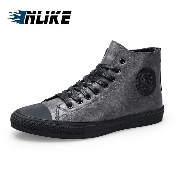 

inlike new fashion high men skate board shoe men's leather ankle boots footwear for man autumn casual shoes, Black