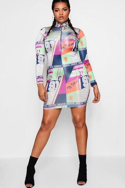 

skinny womens dresses long sleeve printed bodycon dresses for woman casual stand collar ladies dress with zipper sexy, Black;gray