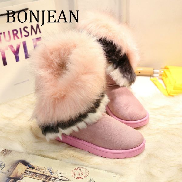

bonjean 2020 winter flock shoes for women ankle-length pink snow boots plush decoration ladies slip-on flat boots bj1423, Black