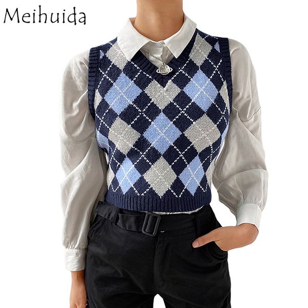

women sweaters vest knitted tanks sleeveless v-neck plaid female ladies british college style autumn winter outerwear, White;black