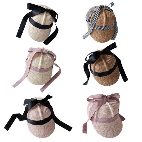 

wide brim hats child kids summer woven straw baseball cap sweet plaid ribbon bowknot sunscreen visor outdoor party snapback peaked hat, Blue;gray
