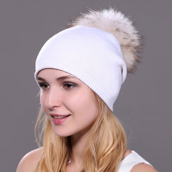 

beanie/skull caps autumn winter beanies hat knitted wool skullies casual cap with real raccoon fur pompom solid colors ski gorros, Blue;gray