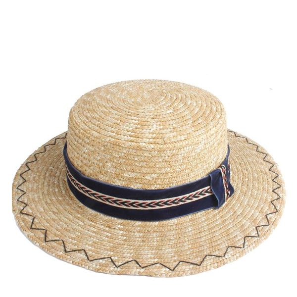 

wide brim hats handmade wheat straw women sun hat summer beach lady flat boater sunhat jazz size 56-58cm, Blue;gray