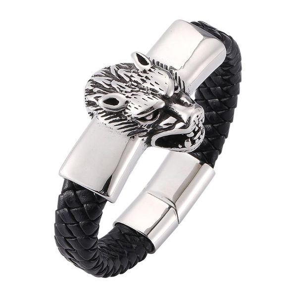 

charm bracelets vintage animal head men's black woven leather bracelet stainless steel magnetic buckle fashion 7-sp0286, Golden;silver