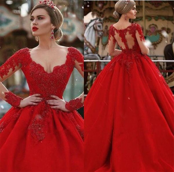 

очаровательная красный 2020 кружева свадебные платья с длинными рукавами бисероплетение формальные свадебные платья key hole назад puff новы, White