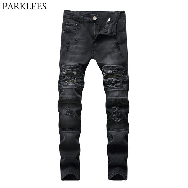 

black skinny ripped biker jeans men 2020 casual wash cotton slim fit hole destroyed jeans pants mens hip hop damage homme, Blue
