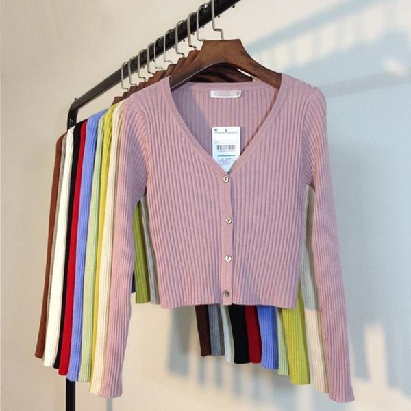 

cropped knitted sweater cardigan women 2020 slim ribbed autumn winter sweaters women long sleeve buttons knitted sweater coats, White;black