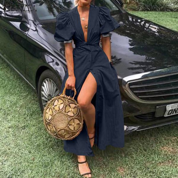

casual dresses zanzea fashion women deep v neck puff sleeve long dress summer buttons down split sundress elegant party vestido, Black;gray