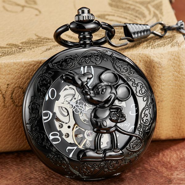 

Black Mouse Mechanical Pocket Watch Hollow Animal Laser Engraved Clock Gold Sliver Necklace Hand Winding Fob Watch with Chain T200502