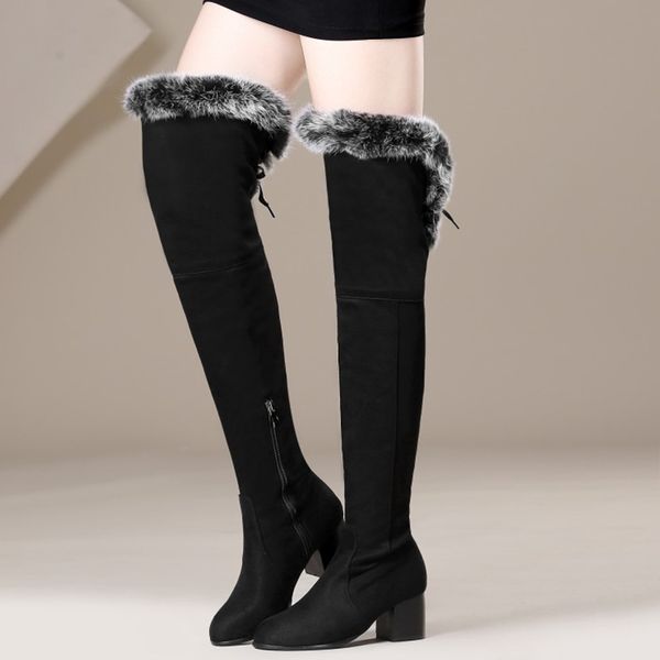 

boots fur women 2021 autumn winter ladies nubuck fashion med heels shoes over the knee brand design warm snow, Black