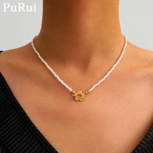 

simple white pearl chain necklace for women lariat lock flower pedant necklace vintage bohemia choker collar jewelry, Silver