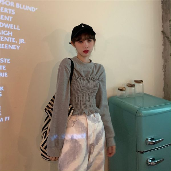 

2020 autumn new korean style heavy industry slim waist long sleeve flounced multicolor sweater23024 2020 autumn new korean style heavy indus, Black