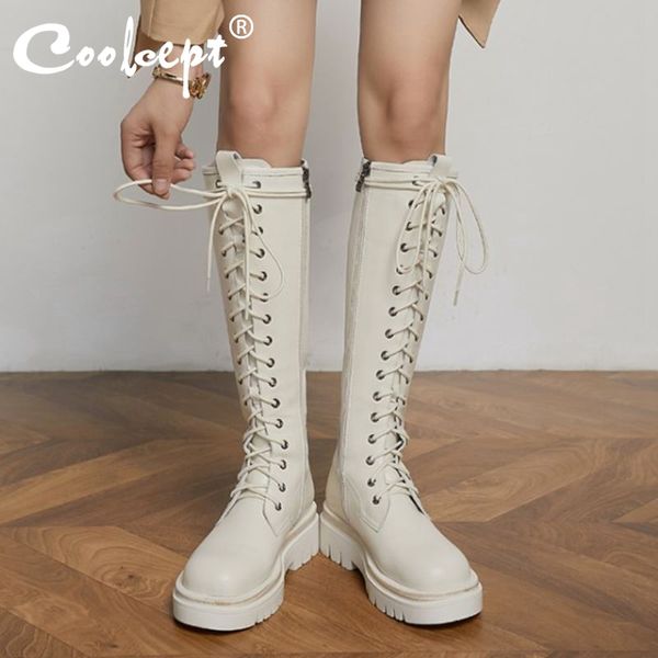 

coolcept women knee high boots real leather lace up women long boots winter fashion cool shoes footwear size 33-40, Black