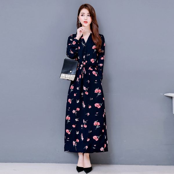 

2020 new spring long-sleeved ethnic style dressnational dressfloral cotton dress women's slim dress autumn and winter bqxn9, Black;gray