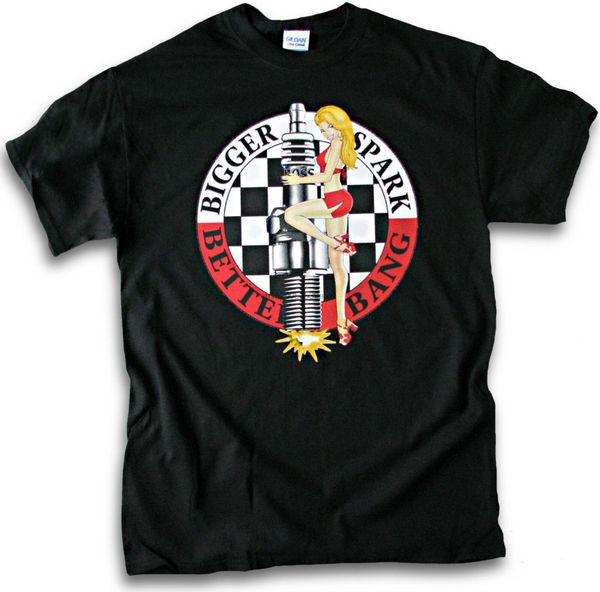 

biker bigger spark better bang plug pin up girl v8 rod men black t shirt