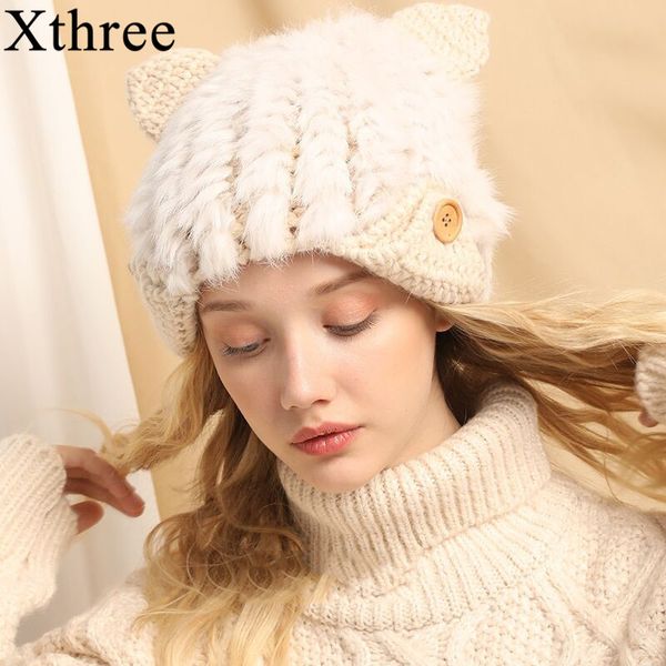 

beanie/skull caps xthree fur wool knitted hat winter women's skullies beanies for women girls kitty cap, Blue;gray