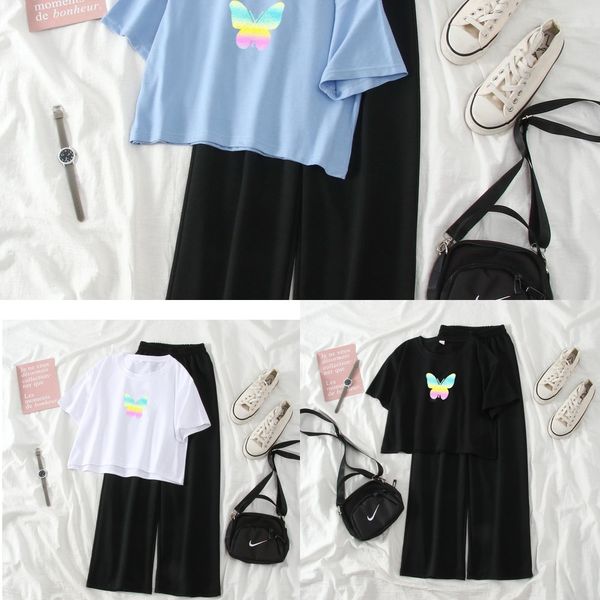 

2020 summer new korean style female student fashion suit reflective butterfly short-sleeved casual wide pantsbutterfly wide leg pants wide-l, Gray