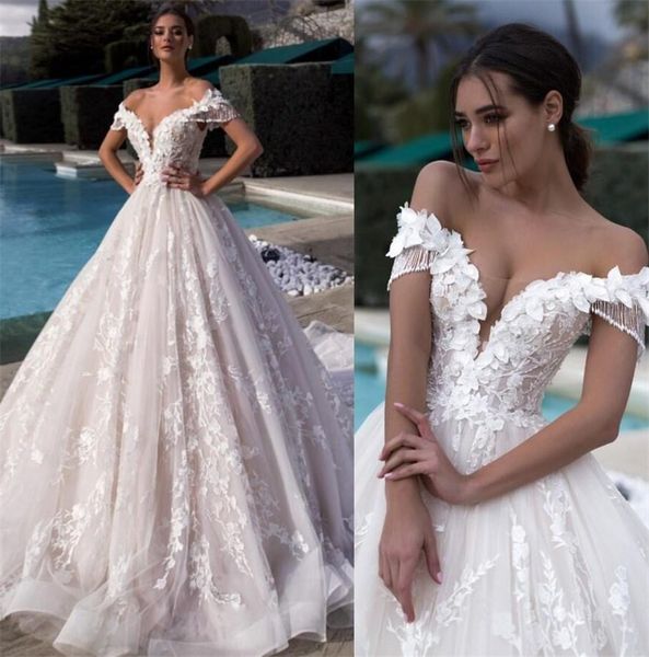 

chic long boho wedding dresses illusion v neck a line chapel train appliques lace tulle bride gowns blush pink lining vestidos, White