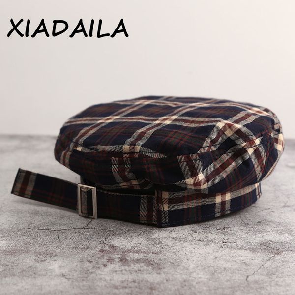 

beret autumn thin section mori autumn and winter fashion plaid flat painter hat beret, Blue;gray