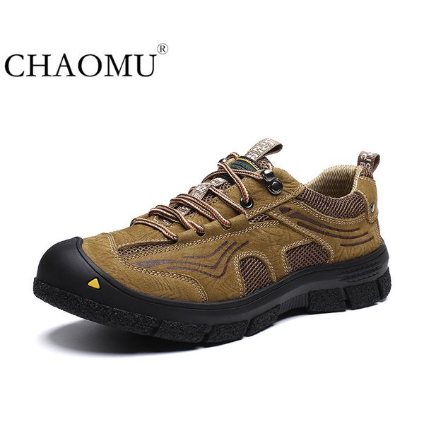 

men's net shoes spring outdoor men's leather casual shoes big leather tooling non-slip hiking, Black