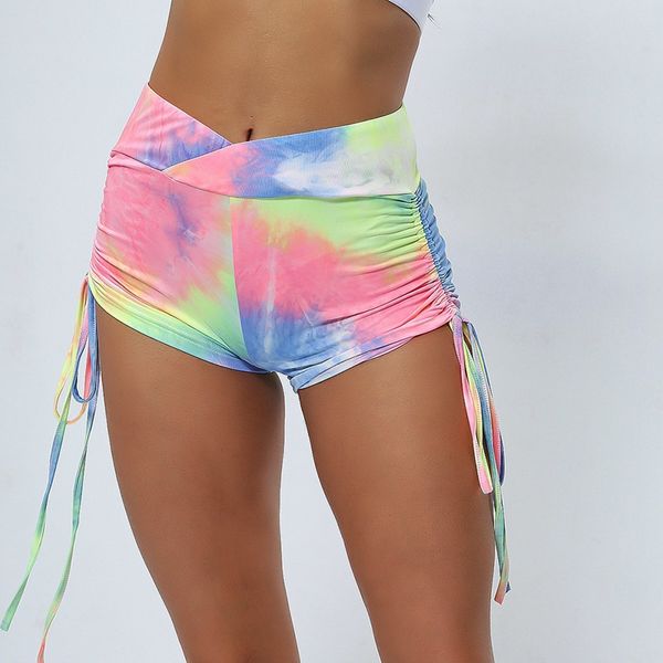 

yoga outfits tie-dye fashionable shorts drawstring high waist sweatpants rainbow print for women sports leggings running fitness, White;red