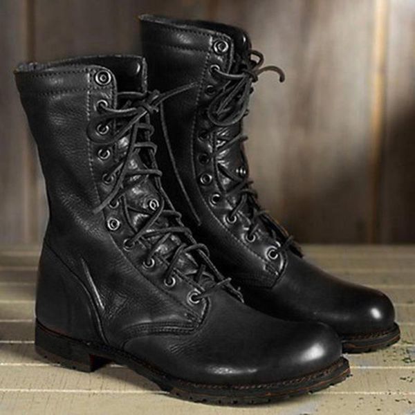 

mens womens flats round toe low-heeled retro lace-up shoes western middle tube boots footwear zapatos de hombre, Black