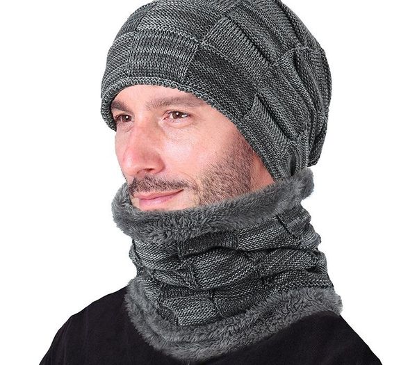

winter men knitted hat headgear bib suit caps plus velvet thick wool hat autumn and winter knit hat czapka zimowa sombrero mujer, Blue;gray