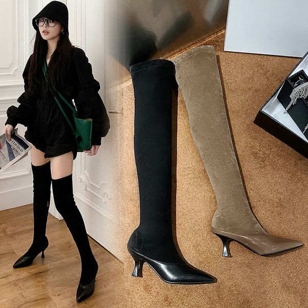 

thin high heel fashion women boots 2020 women over the knee high boots winter shoes superfine fiber big size 34-43, Black