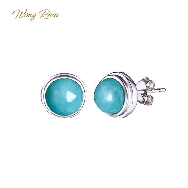 

stud wong rain vintage 100% 925 sterling silver round natural amazonite gemstone ear studs earrings fine jewelry gifts wholesale, Golden;silver