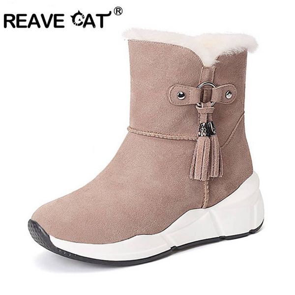 

reave cat snow women winter's ankle boots cow suede plush round toe platform bukle tassel flat with zipper keep warm size 34-40, Black