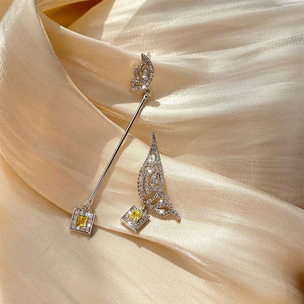 

korean classic simple cubic zirconia butterfly pendant earrings woman luxury crystal asymmetric statement earrings jewelry, Silver