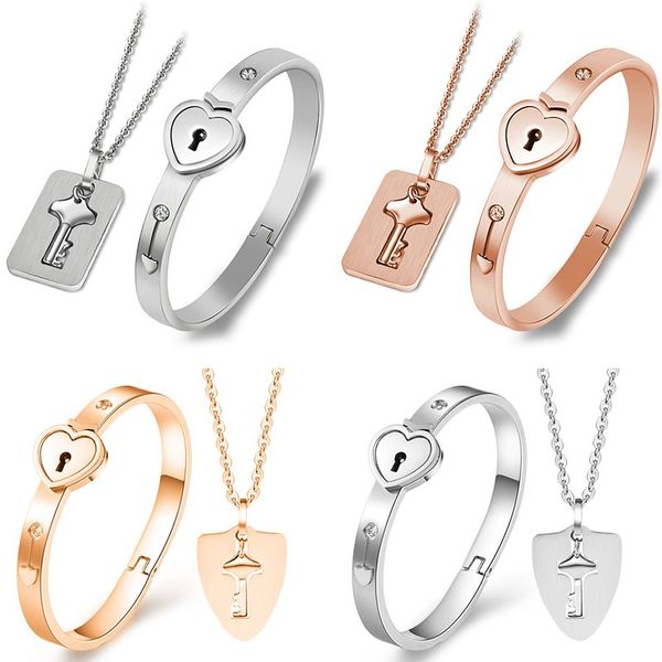 

creative women jewelry sets concentric lock key titanium women jewelry bracelet necklace fashion wedding party crafts gift t