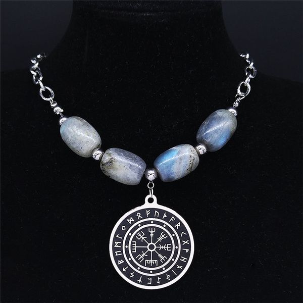 

pendant necklaces viking vegvisir compass choker necklace flash stone stainless steel nordic runes odin celts ethnic jewelry collane nxs0, Silver