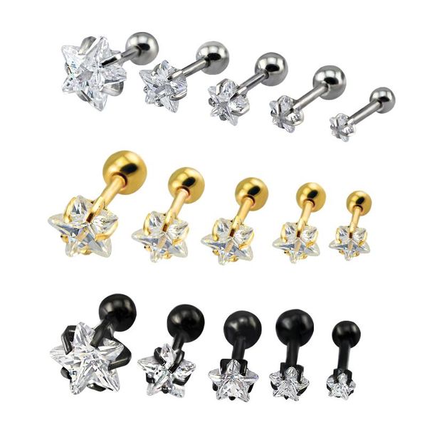 

16g stud earrings cubic zirconia star earring for women 3 colors gold black steel earings fashion jewelry 3mm-8mm, Golden;silver