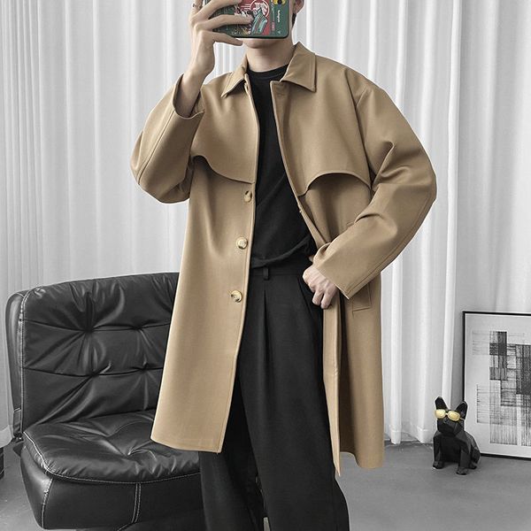 

autumn trench men's fashion solid color casual long coat men streetwear wild loose korean jacket windbreaker mens m-3xl, Black