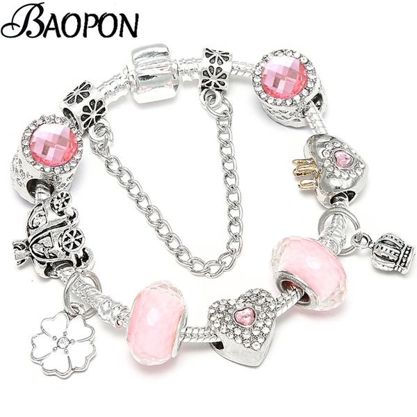 

charm bracelets snake chain love heart beads & pink flower pendant fine bangles for women couple jewelry gift, Golden;silver