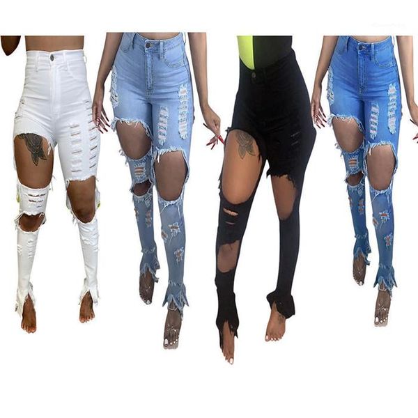 

jeans hole ripped solid split pencil pants male street wear women slim high waist, Blue