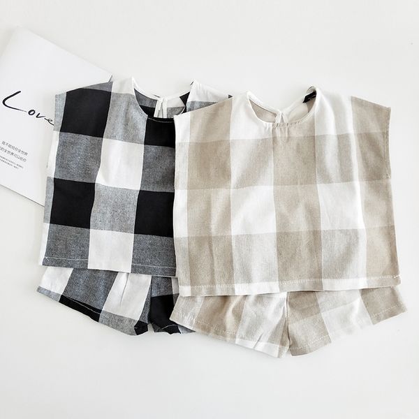 

summer new korean style baby boys plaid clothes set infant kids children cotton linen short sleeve tees+shorts 2pcs suits outfit, White