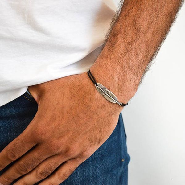 

2020 new trendy vintage feather charm bracelet men adjustable stainless steel black rope bracelet for men jewelry gift, Golden;silver